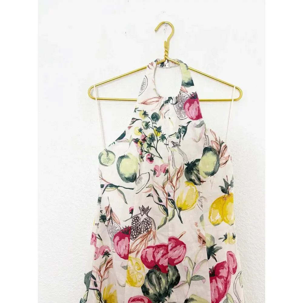 Abercrombie & Fitch Premium Linen High Neck Maxi Dress Size LP Vegetable Print